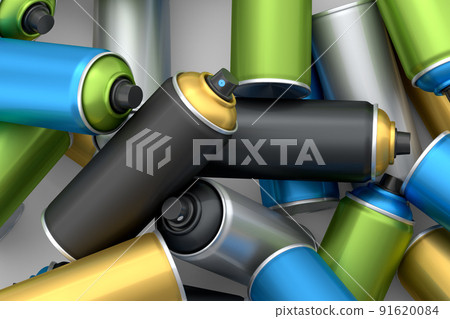 Lots of flying spray paint cans on white background. Spray bottle and dispenser 91620084