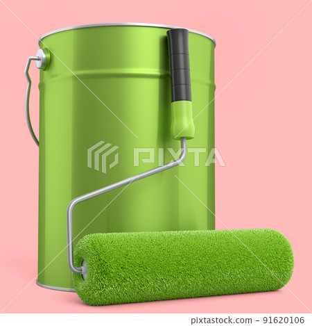 Open metal can with paint roller for painting walls on pink background. 91620106