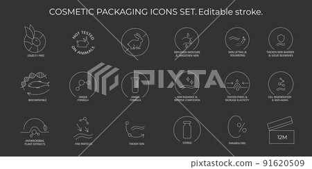 Cosmetic packaging icons set. Editable stroke. Vector stock illustration isolated on black chalkboard background for beauty and skin care product - face cream, lotion, shampoo. EPS10 Cosmetic packaging icons set. Editable stroke. Vector stock illustration isolated on black chalkboard background for beauty and skin care product - face cream, lotion, shampoo. EPS10 91620509