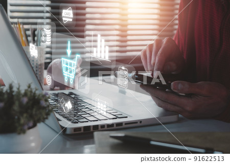 Add to cart internet web store buy online E-Commerce concept, Person hand using smart phone with shopping chart on VR screen, Online shopping. Add to cart internet web store buy online E-Commerce concept, Person hand using smart phone with shopping chart on VR screen, Online shopping. 91622513