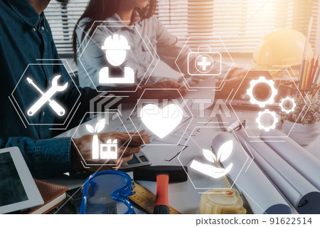 Health safety environment HSE education industry Concept, Engineer team working on laptop computer with VR screen Health safety environment icon. Health safety environment HSE education industry Concept, Engineer team working on laptop computer with VR screen Health safety environment icon. 91622514