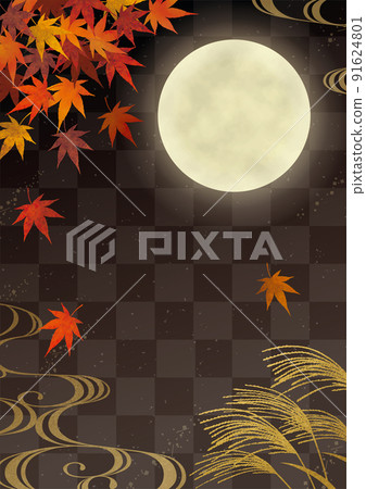 Tsukimi, Japanese pampas grass and autumn leaves Japanese pattern black vertical Tsukimi, Japanese pampas grass and autumn leaves Japanese pattern black vertical 91624801