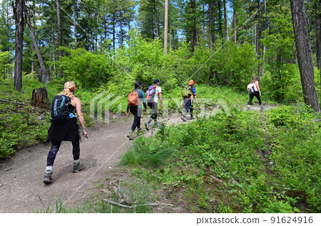 Young female hikers on Lion Mountain Trail near Whitefish, Montana. 91624916