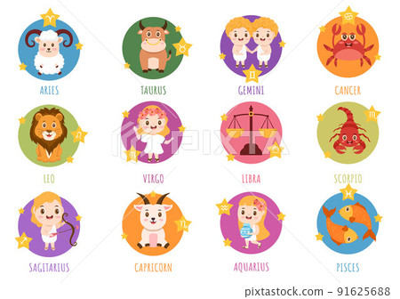 Zodiac Wheel Astrological Sign with Symbol Twelve Astrology Names, Horoscopes or Constellations in Flat Cartoon Character Vector Illustration Zodiac Wheel Astrological Sign with Symbol Twelve Astrology Names, Horoscopes or Constellations in Flat Cartoon Character Vector Illustration 91625688