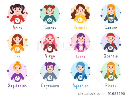 Zodiac Wheel Astrological Sign with Symbol Twelve Astrology Names, Horoscopes or Constellations in Flat Cartoon Character Vector Illustration Zodiac Wheel Astrological Sign with Symbol Twelve Astrology Names, Horoscopes or Constellations in Flat Cartoon Character Vector Illustration 91625690