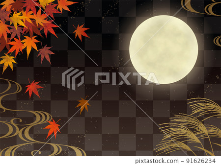 Tsukimi, Japanese pampas grass and autumn leaves Japanese pattern black Tsukimi, Japanese pampas grass and autumn leaves Japanese pattern black 91626234