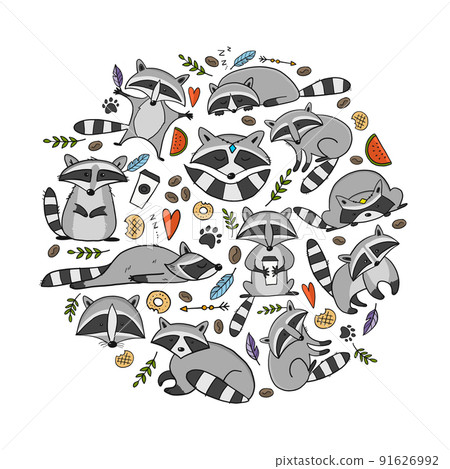 Racoons Family. Funny Characters. Art frame for your design 91626992