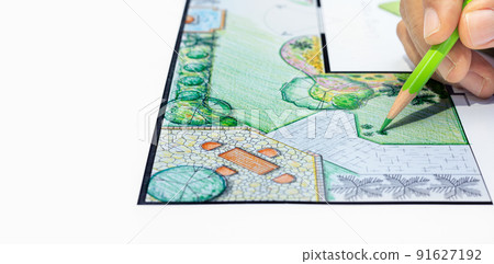 Landscape architect student learning design backyard pool and garden plan Landscape architect student learning design backyard pool and garden plan 91627192