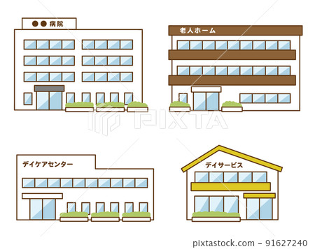Illustrations of hospitals, nursing homes, day care centers, buildings, buildings 91627240
