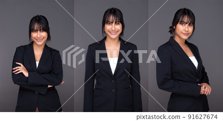 Collage Half body Face of Asian Indian business woman shows beautiful smile happy lips 91627674