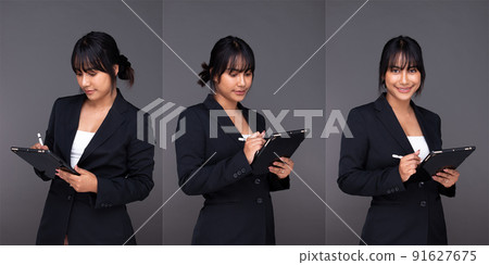 Collage Half body Face of Asian Indian business woman shows beautiful smile happy lips 91627675