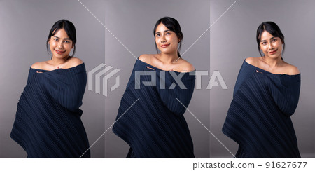 Collage Half body Face of Asian Indian woman shows beautiful smile happy lips, wear evening gown 91627677