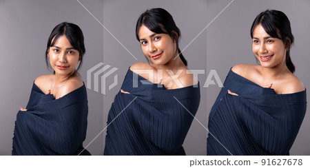 Collage Half body Face of Asian Indian woman shows beautiful smile happy lips, wear evening gown 91627678