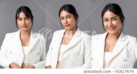 Collage Half body Face of Asian Indian business woman shows beautiful smile happy lips 91627679