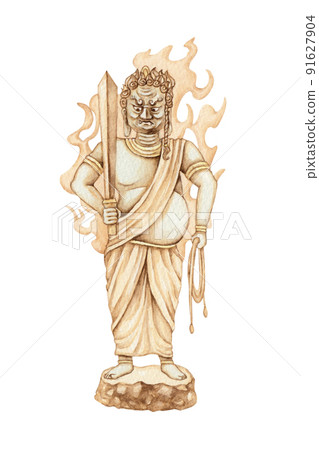 Buddhism Myo Fudo Myo Buddha statue watercolor illustration 91627904
