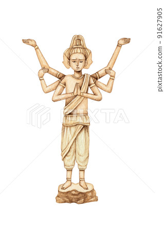 Buddhism Ten Tenbe Ashura Buddha statue watercolor illustration 91627905