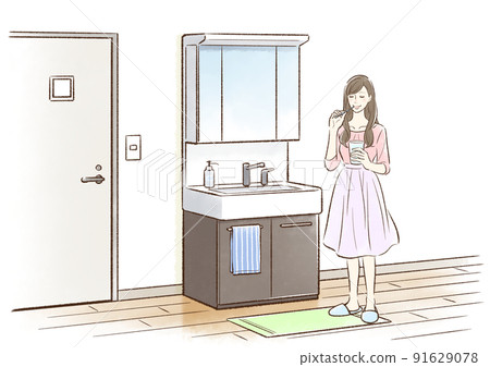 Young woman in everyday clothes brushing her teeth Young woman in everyday clothes brushing her teeth 91629078