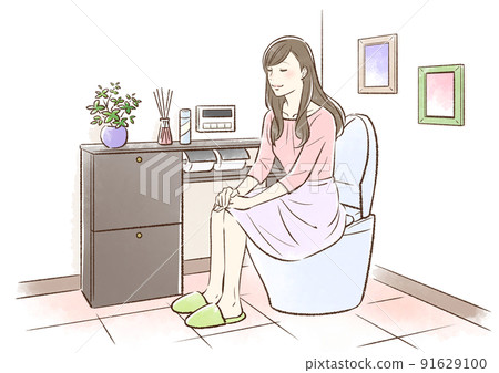 一位穿著日常服裝的年輕女子微笑著走進浴室 91629100