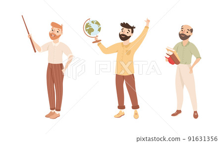 Man School Teacher or Educator Standing with Pointer and Globe Vector Set 91631356