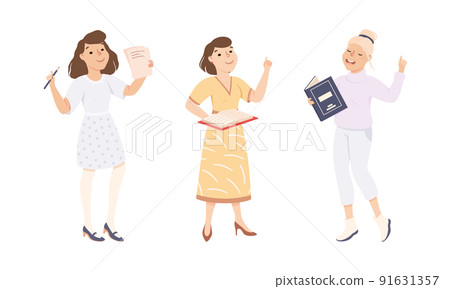 Woman School Teacher or Educator Standing with Book Explaining Something Vector Set 91631357