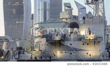 HMS Belfast is now a museum ship moored on the River Thames in the very center of London. 91631484