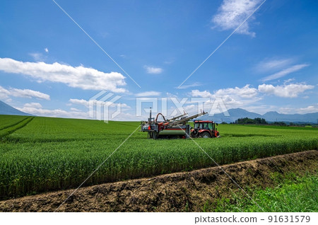 Agricultural work scene with summer sky and work vehicle (Kutchan Town, Hokkaido) 91631579