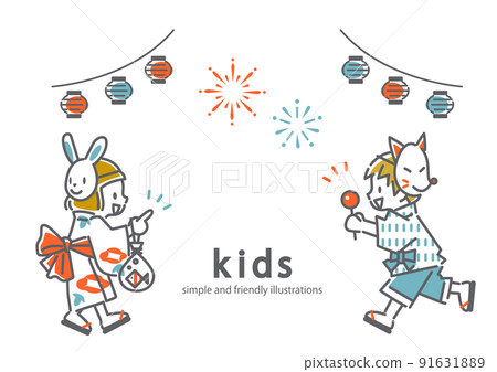 Children frolicking at the summer festival Simple and cute line drawing illustrations 91631889
