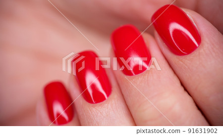 Female hand with bright red glossy gel polish 91631902