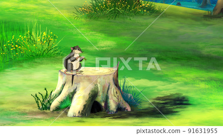 Vole mouse on a stump in a field Vole mouse on a stump in a field 91631955