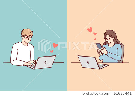 Couple communicate online with relationship on distance  91633441
