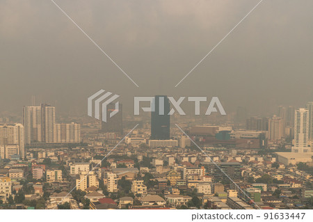 Aerial view of Dust in Bangkok city is full of harmful PM 2.5 dust with bad air pollution, the place to risk of respiratory and cancer. Aerial view of Dust in Bangkok city is full of harmful PM 2.5 dust with bad air pollution, the place to risk of respiratory and cancer. 91633447