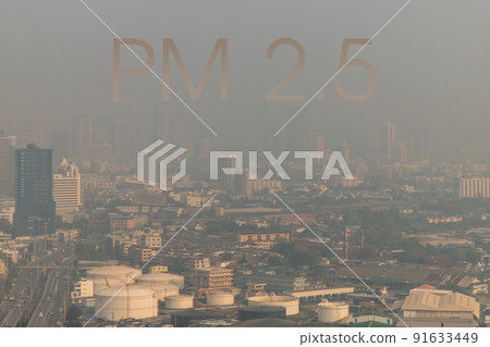 Aerial view of Dust in Bangkok city is full of harmful PM 2.5 dust with bad air pollution, the place to risk of respiratory and cancer. Aerial view of Dust in Bangkok city is full of harmful PM 2.5 dust with bad air pollution, the place to risk of respiratory and cancer. 91633449