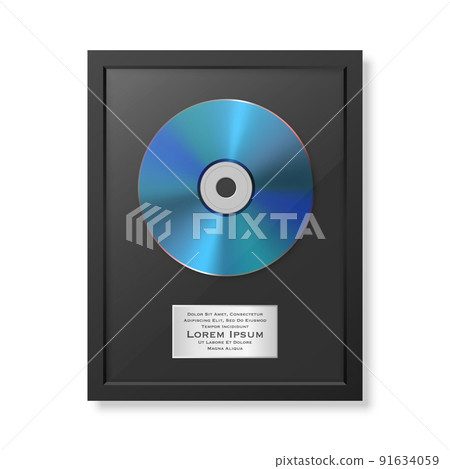 Realistic Vector 3d Blue CD and Label with Black Frame Isolated. Single Album Compact Disc Award, Limited Edition. Design Template 91634059
