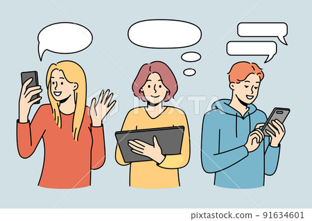 People with gadgets communicate online People with gadgets communicate online 91634601