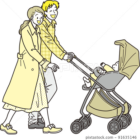 帶嬰兒車出門_黃色_秋裝_家庭 91635146