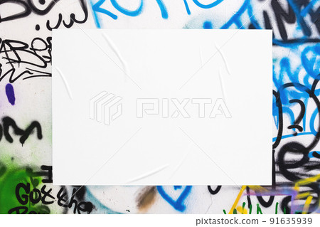 colorful urban wall texture with wrinkled glued poster template 91635939