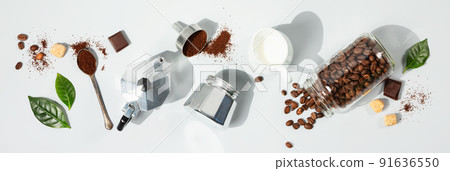 Coffee composition on light grey background with coffee arabica leaves, flat lay 91636550