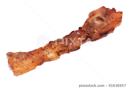 Cooked slices of bacon isolated on white background 91636957