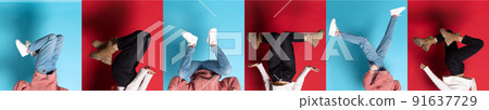 Collage with female and male legs in colored shoes, sneakers, trainers isolated over bright multicolored background in neon. Concept of fashion, sales, art 91637729