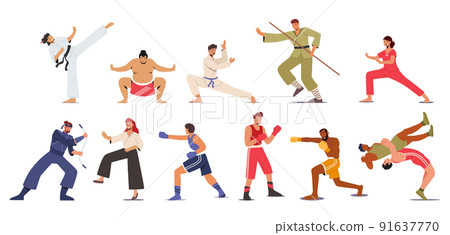 Set Martial Arts, Sport Competition, Characters Presenting Different Fighting Karate, Sumo, Bojutsu, Boxing or Wrestling 91637770