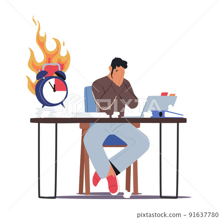 Overloaded Stressed Male Office Employee Character Sitting at Workplace with Computer and Huge Heap of Documents 91637780
