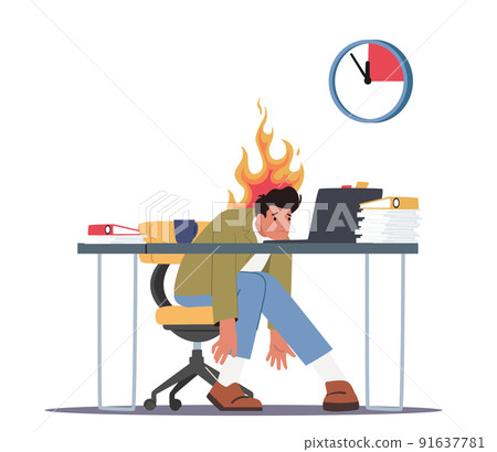 Overloaded Worker Deadline Stress Concept. Burned Down Businessman in Depression Sitting at Office Desk with Papers Heap 91637781