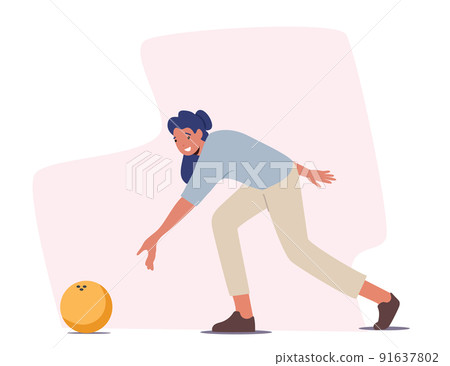 Female Character Playing Bowling, Throw Ball to Hit Pins. Leisure, Active Lifestyle, Woman Spend Time in Bowling Club 91637802