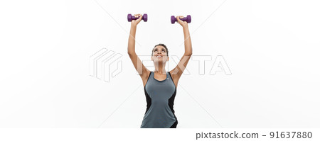 Healthy and Fitness concept - Beautiful American African lady in fitness clothes workout with dumbbell. Isolated on white background. 91637880