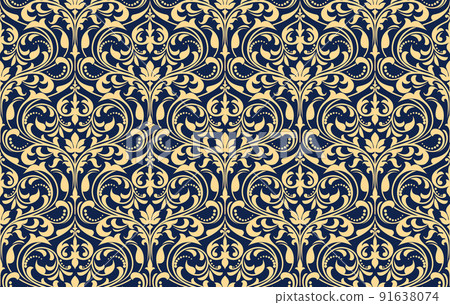 Wallpaper in the style of Baroque. Seamless vector background. Gold and dark blue floral ornament. Graphic pattern for fabric, wallpaper, packaging. Ornate Damask flower ornament Wallpaper in the style of Baroque. Seamless vector background. Gold and dark blue floral ornament. Graphic pattern for fabric, wallpaper, packaging. Ornate Damask flower ornament 91638074