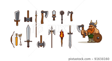 Cartoon viking and different types of weapon set 91638160