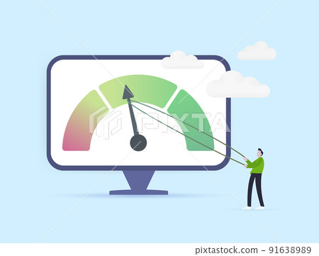 Fear And Greed Index or page loading speed time concept. Emotional on stock or crypto market - volatility trading indicator. Character is trying to move the indicator arrow into the green zone 91638989