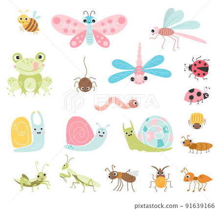 Vector set of cute insects. Funny characters of insects, beetles and invertebrate arthropods, flying and crawling, beneficial and pests. Isolated elements for design, printing and decoration. Vector set of cute insects. Funny characters of insects, beetles and invertebrate arthropods, flying and crawling, beneficial and pests. Isolated elements for design, printing and decoration. 91639166