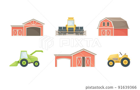 Farm rural buildings and agricultural machines set cartoon vector illustration 91639366