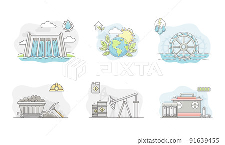 Power generation resources set. Electric energy generation stations vector illustration 91639455